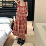 ショルダーリボンチェックワンピース