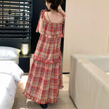 ショルダーリボンチェックワンピース