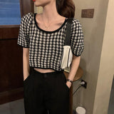 パフスリーブ半袖チェックニット