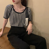 パフスリーブ半袖チェックニット