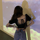 パフスリーブブラックショートトップス