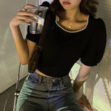 パフスリーブブラックショートトップス