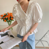 アシメフリル半袖ブラウス