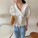 アシメフリル半袖ブラウス