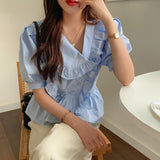 アシメフリル半袖ブラウス