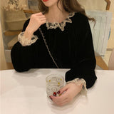 ブラックレースフレンチベルベットブラウス