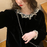 ブラックレースフレンチベルベットブラウス