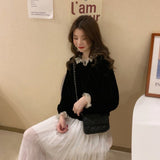 ブラックレースフレンチベルベットブラウス