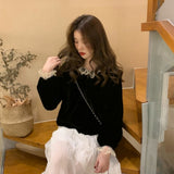 ブラックレースフレンチベルベットブラウス