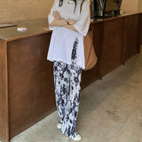 柄ストレートプリーツパンツ