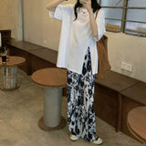 柄ストレートプリーツパンツ