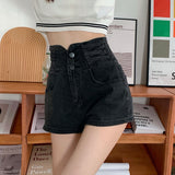 レースアップハイウエストデニムショートパンツ