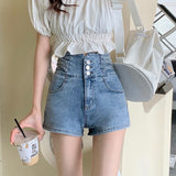 レースアップハイウエストデニムショートパンツ