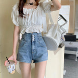 レースアップハイウエストデニムショートパンツ