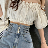 レースアップハイウエストデニムショートパンツ