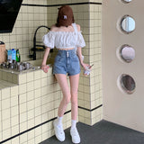 レースアップハイウエストデニムショートパンツ