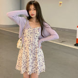 カーディガン付きパープルキャミワンピース