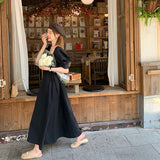 ブラックパフスリーブフレンチロングワンピース