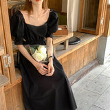 ブラックパフスリーブフレンチロングワンピース