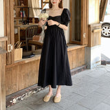 ブラックパフスリーブフレンチロングワンピース