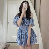 オフショルチェックミニワンピース
