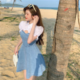 パフスリーブショートシャツ+デニムキャミワンピース