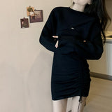 クロップドトップス+ギャザーワンピセットアップ