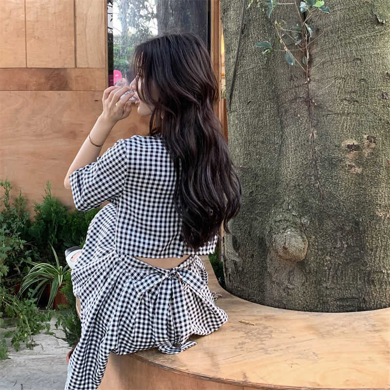 バックオープンチェックワンピース ブラック Randy バックオープン