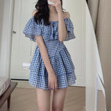 オフショルチェックミニワンピース