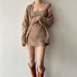 パールボタンカーディガン&ニットワンピセット