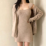 パールボタンカーディガン&ニットワンピセット