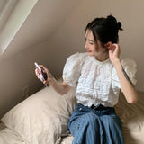 フレンチワッフルパフスリーブトップス