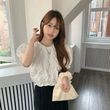 フレンチワッフルパフスリーブトップス