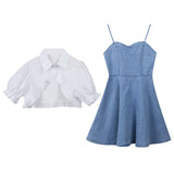 パフスリーブショートシャツ+デニムキャミワンピース