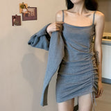 クロップドトップス+ギャザーワンピセットアップ