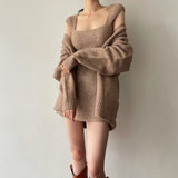 パールボタンカーディガン&ニットワンピセット