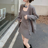 パールボタンカーディガン&ニットワンピセット