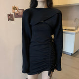 クロップドトップス+ギャザーワンピセットアップ