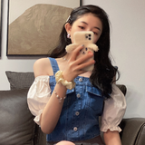 オフショルレイヤードデニムトップス