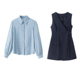 シンプルシャツ+Vネックワンピースセット