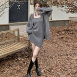 パールボタンカーディガン&ニットワンピセット