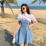 パフスリーブショートシャツ+デニムキャミワンピース