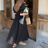 ブラックパフスリーブフレンチロングワンピース