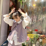 チェックベスト&フリンジスカート&ブラウスセットアップ