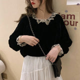 ブラックレースフレンチベルベットブラウス