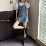 デニムショートサロペット&パフスリーブシャツ