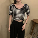 パフスリーブ半袖チェックニット
