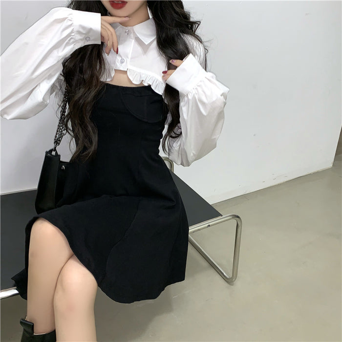 韓国 ボレロ風 フリル ブラウス ブラック キャミ ワンピース 韓国 ボレロ風 フリル ブラウス ブラック キャミ ワンピース
